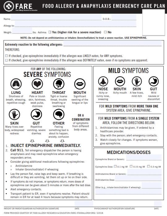 Food Allergy & Anaphylaxis Emergency Care Plan example